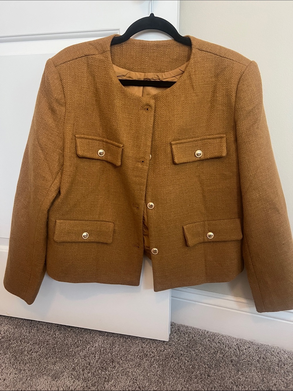 Boxy Collarless Tweed Jacket in Camel/Gold
